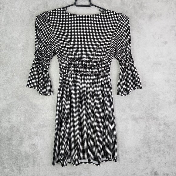 Women's Black & White Polka Dot V Neck Dress Bell Sleeves Smocked Waist Size S - Picture 5 of 8